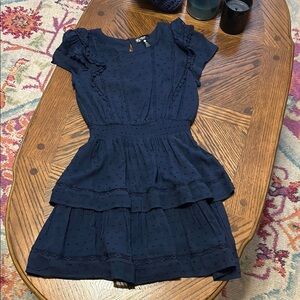 Blue Fit and Flare Peplum Dress with Puff Sleeves